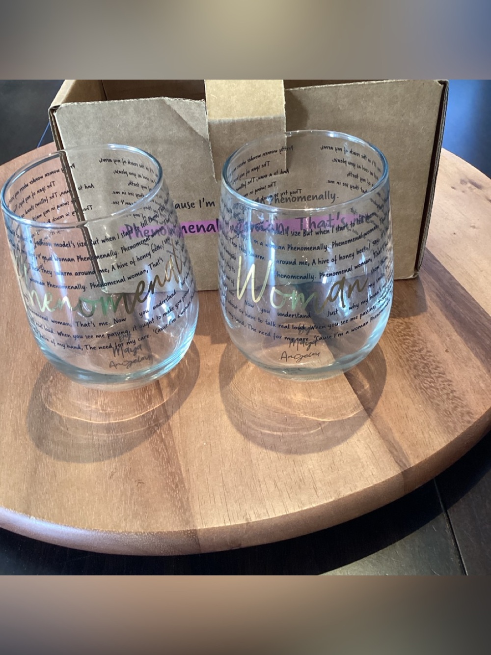 Uncommon Goods stemless wine glasses (2) Phenomenal Woman Maya Angelou